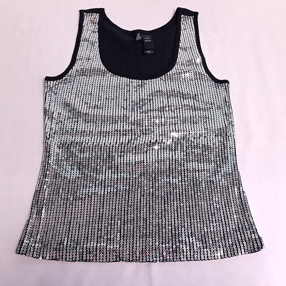 Y2K Bisou Bisou Tank Top Womens L Black Silver Sequined Front Ribbed Back Glam